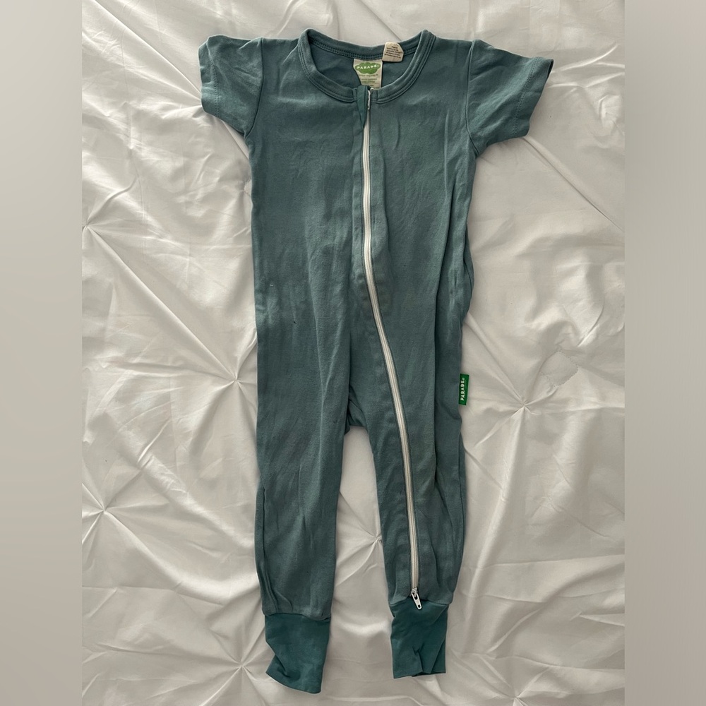 PARADE Organics Teal Kids One Piece Short-Sleeved Romper with Zipper, 12-18m